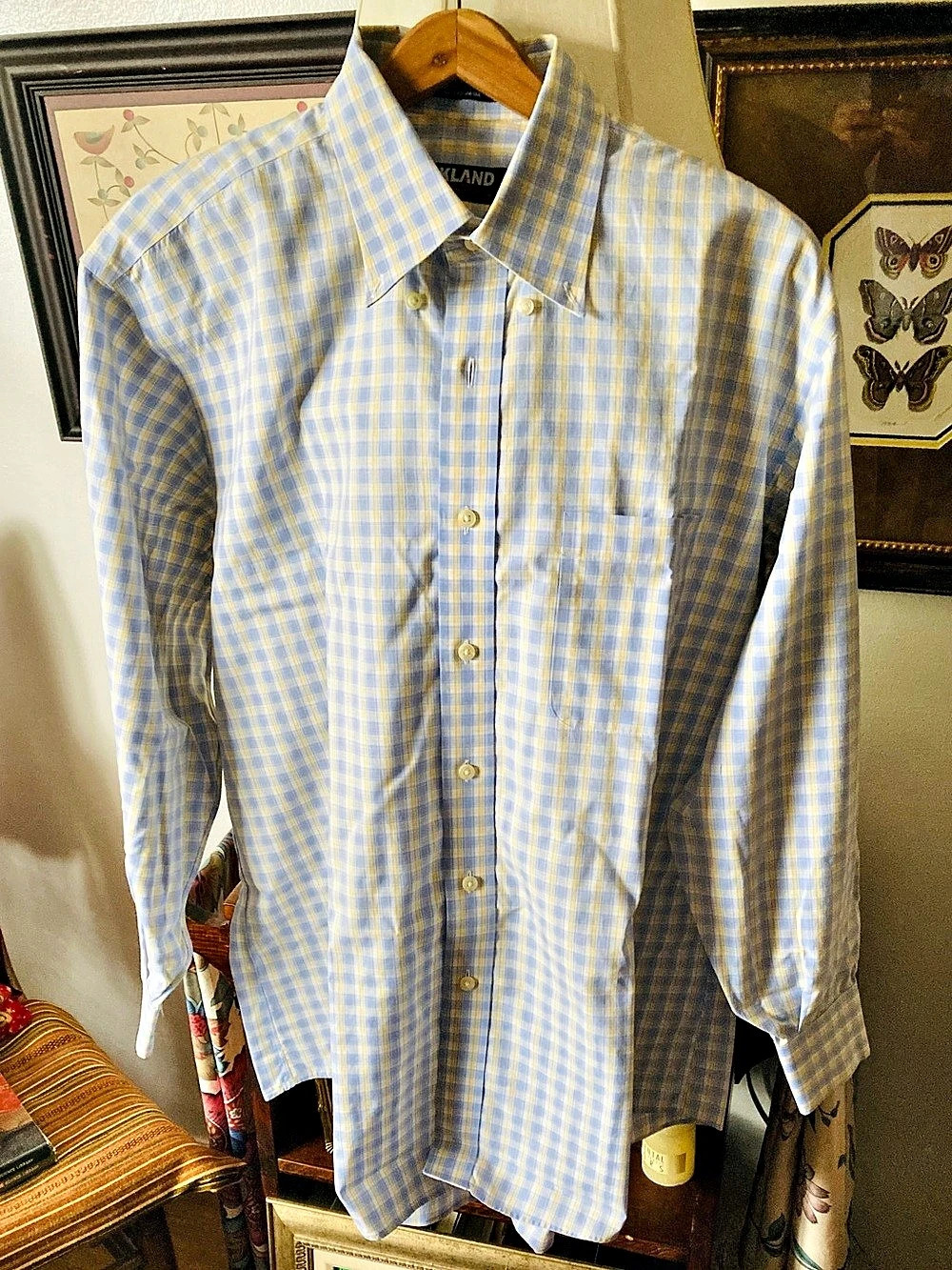 Kirkland Signature Plaid Cotton Button Down Blue & Yellow Like New 161/2-32
